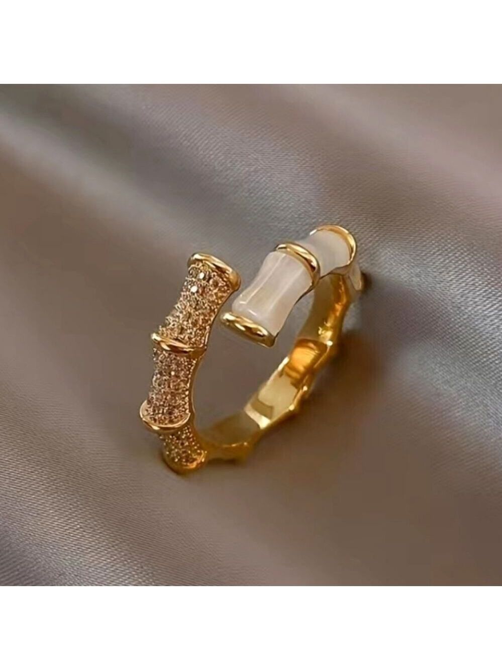 Geometric Bamboo Shaped Ring with Opal  Gemstone Adjustable
